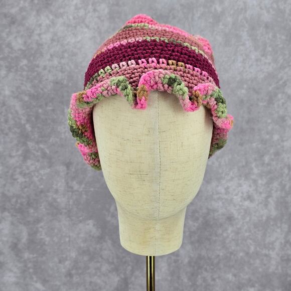 Pink Green Ruffle Crochet Knit Bucket Cap Hat Fun VTG Y2K Funky Beanie - Picture 2 of 4